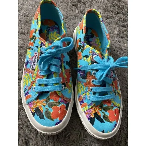 Superga 2750 Blue With Floral Pattern Women’s Shoes Size 8 - Picture 2 of 9